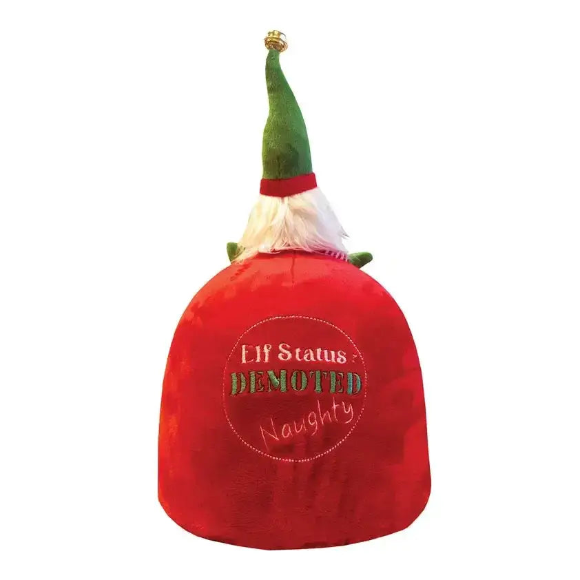Equetech childs gonk elf christmas hat in red plush with green top white faux fur beard and gold embroidered elf status demoted naughty text