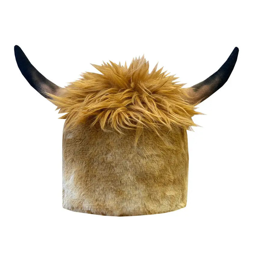 A plush tan equetech childs heather highland cow hat silk with long shaggy fur and black highland cow horns