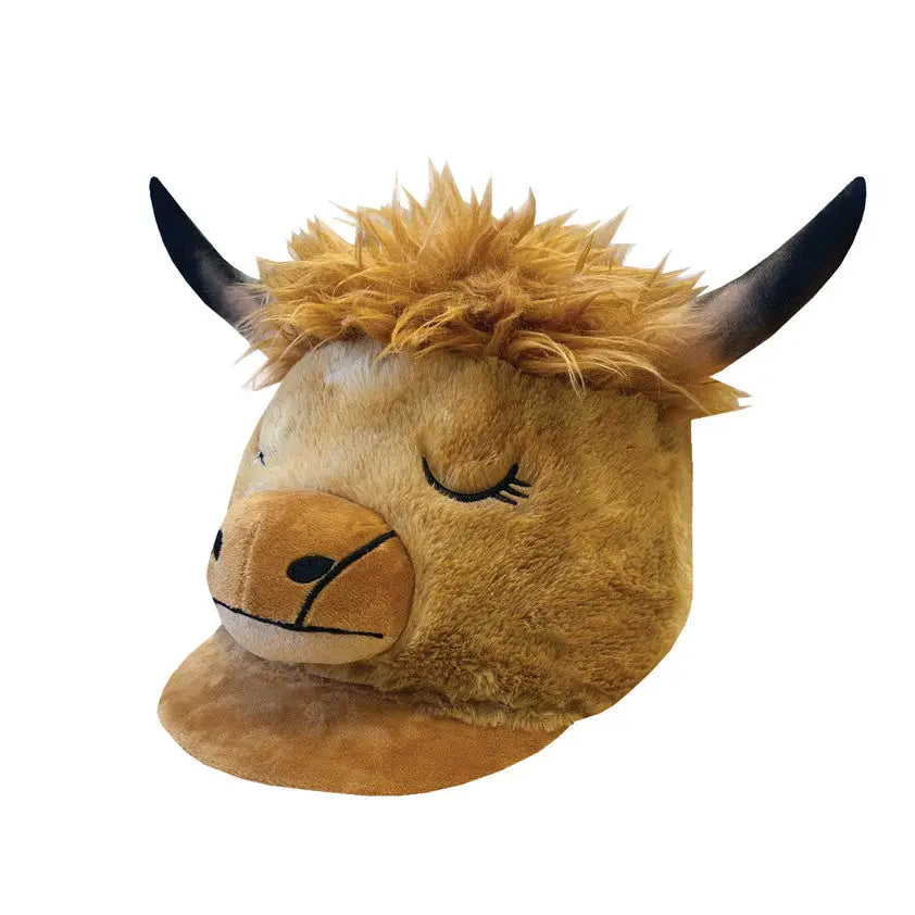 A plush equetech childs heather highland cow hat silk with fluffy tan mane and black highland cow horns