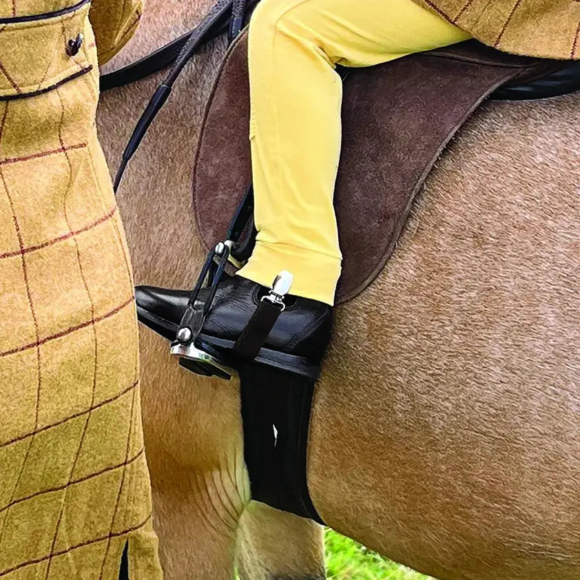 Black leather equetech childs jodhpur clips boot with silver metal stirrup hardware for riding use