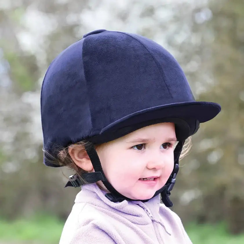 Navy blue equetech childs premium velvet show hat silk with smooth padded design and adjustable black straps