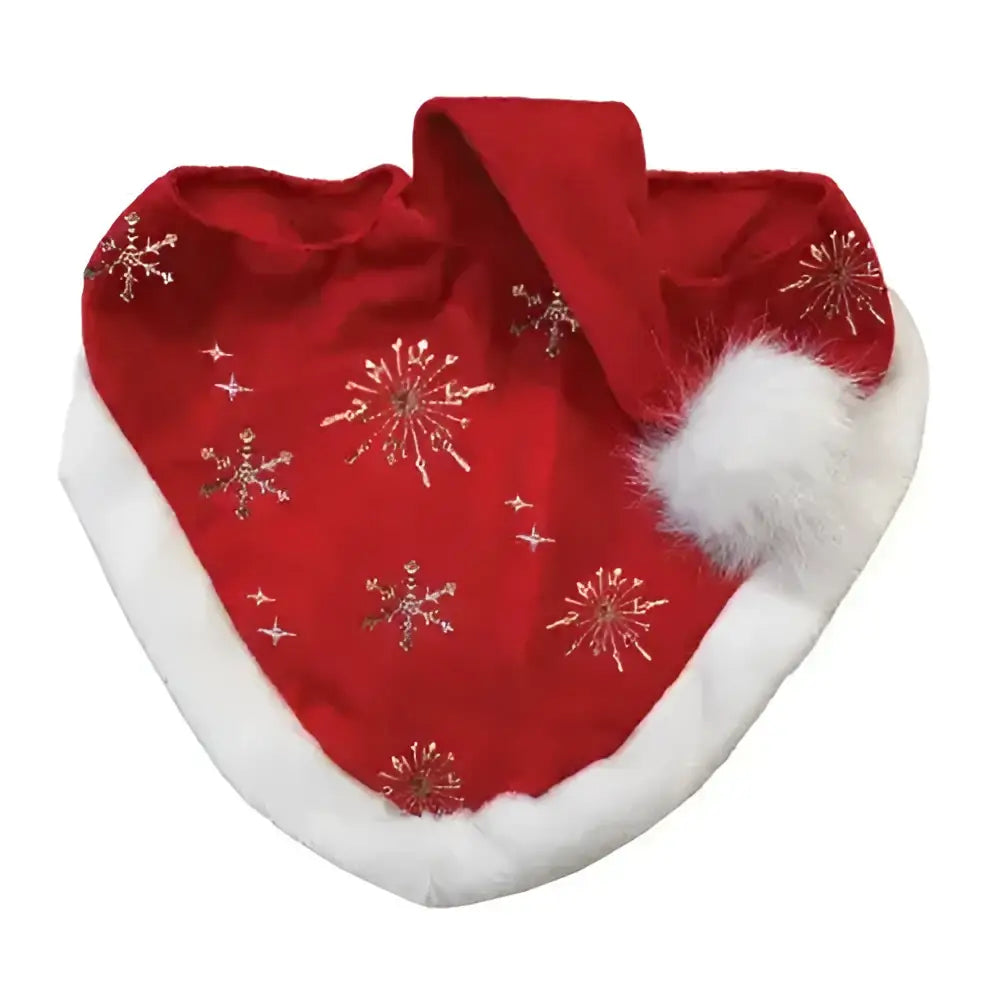 Red equetech childs santa glitter snowflake hat horse bonnet with white fur trim and gold snowflake embroidery