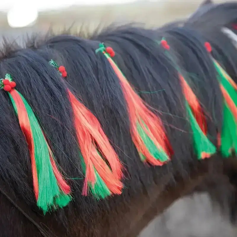 Vibrant red and green equestech christmas holly festive horse mane tassels with decorative beads on dark horse mane