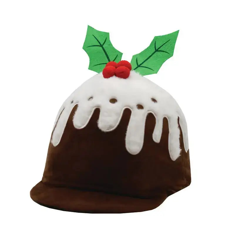 Equetech christmas plum pudding skull cap riding hat with brown velvet body white icing green holly and red berries