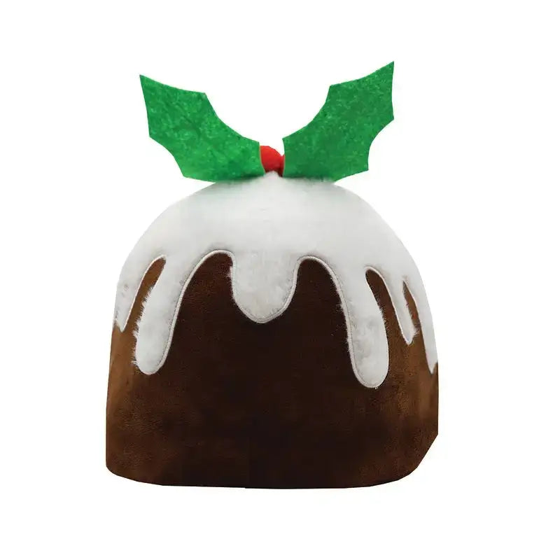 Equetech christmas plum pudding skull cap riding hat with brown body white icing trim and holly leaves with red berry