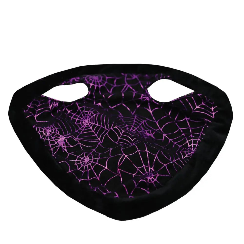 Black face mask with purple spiderweb pattern and eye holes for equetech cobweb spider halloween horse hat