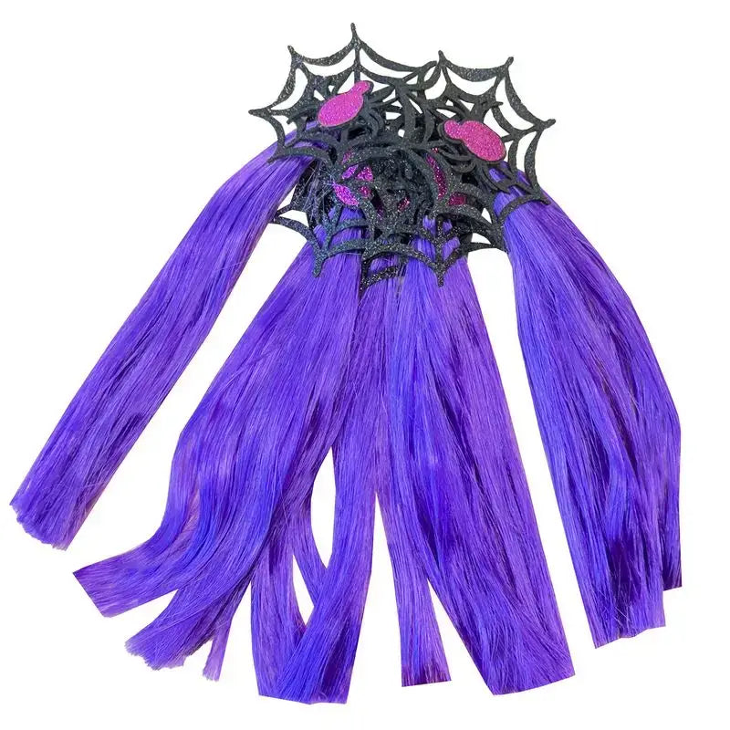 Purple synthetic horse mane tassels with black glitter cobweb spider halloween design and pink glitter accents 5 pack