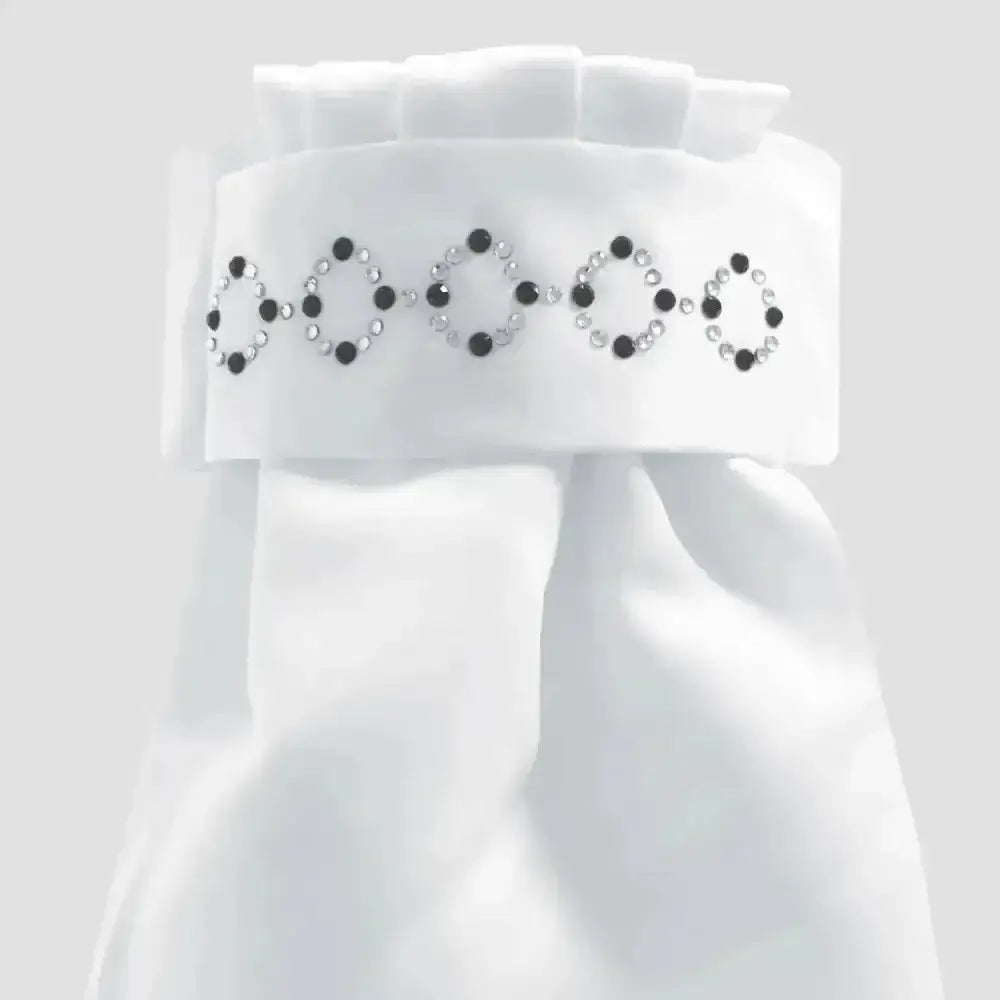 White satin equetech deluxe ready-tied wristband with black and clear rhinestones in oval shapes for deluxe ready-tied stocks zodiac