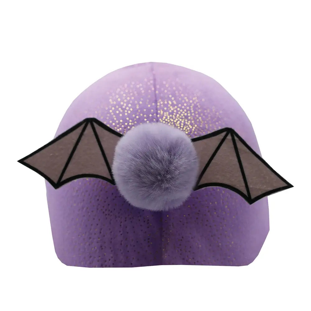 Purple glittery equetech drake dragon hat with black bat wings and matching faux fur pom-pom made of faux fur fabric