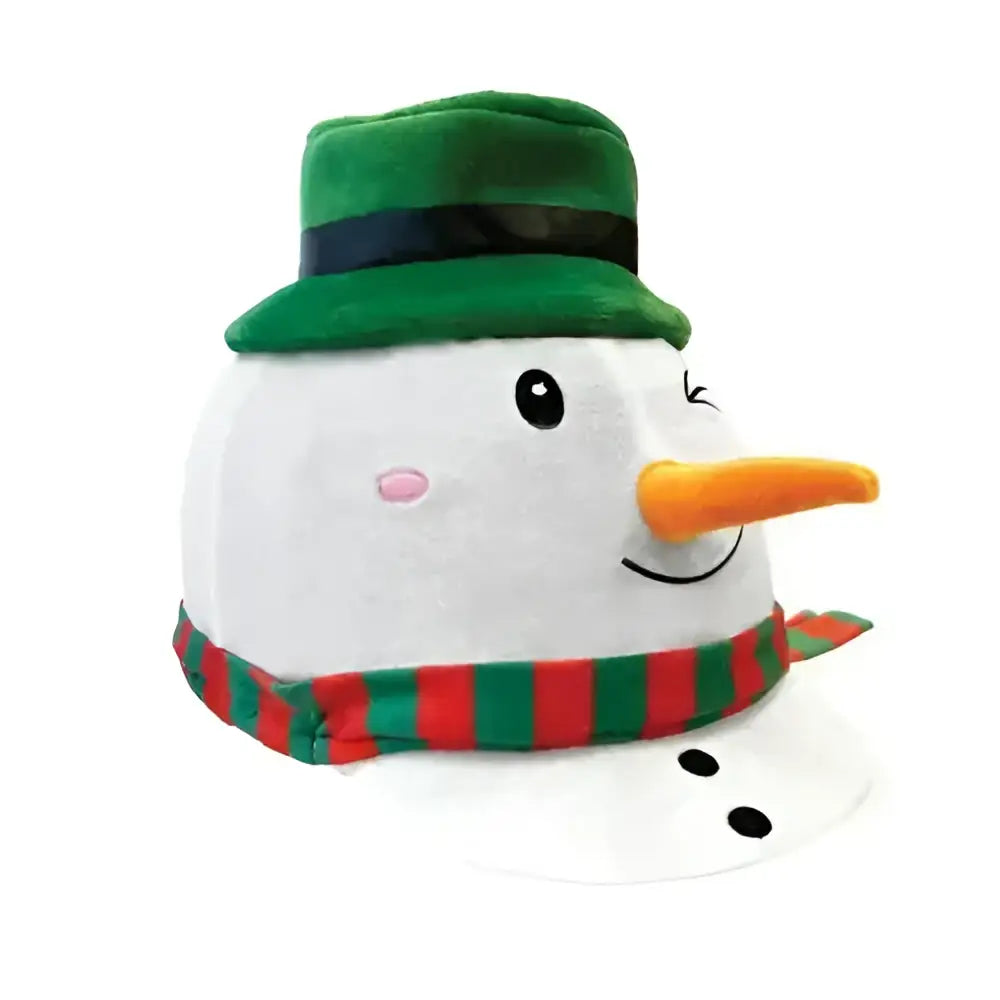 A childs freezy snow plush hat with green velvet top red green scarf and carrot nose by equetech freezy snow