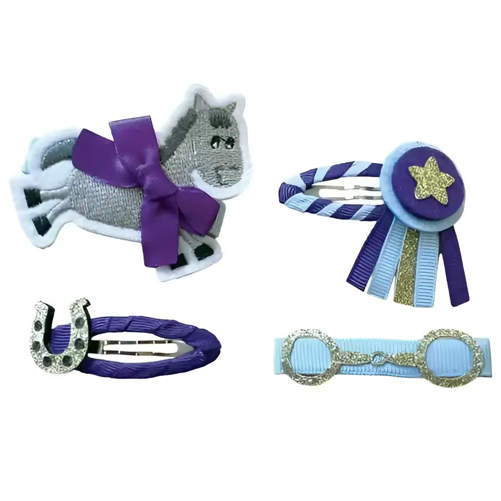 Equetech gymkhana pony hair clip with purple and gray embroidered horse hair and purple ribbon bow for childs gymkhana pony