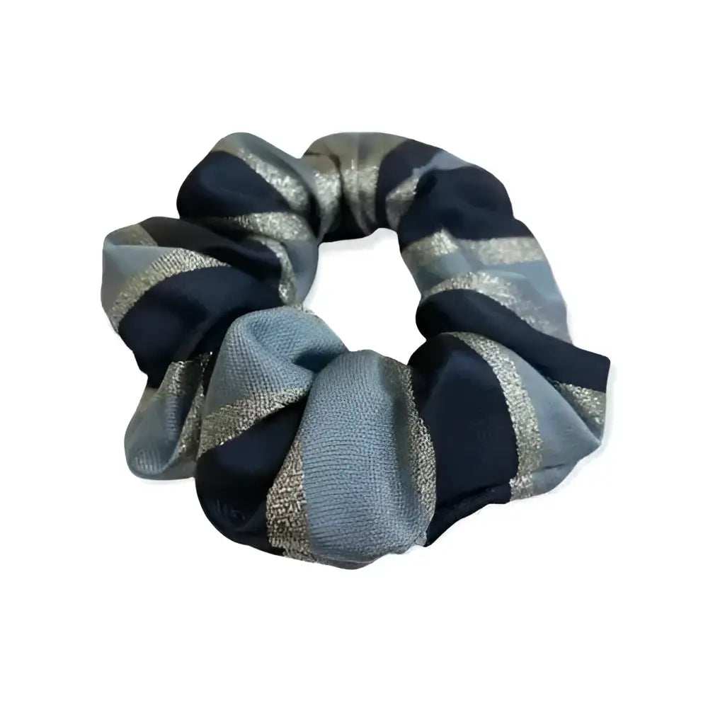 Equetech hair scrunchie made of soft navy and gray plaid fabric with subtle lurex stripe zipper accents