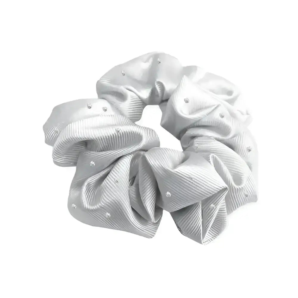 Silver satin equetech hair scrunchie with sparkling rhinestones jacquard hair accessory scrunchie pin spot