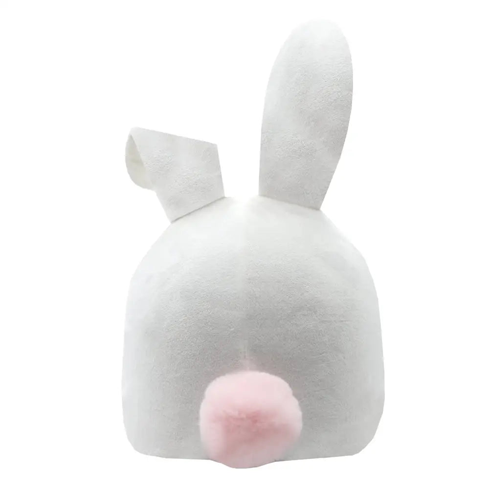 White plush equetech hopper bunny hat silk with soft fabric posed ears and fluffy pink pom-pom tail