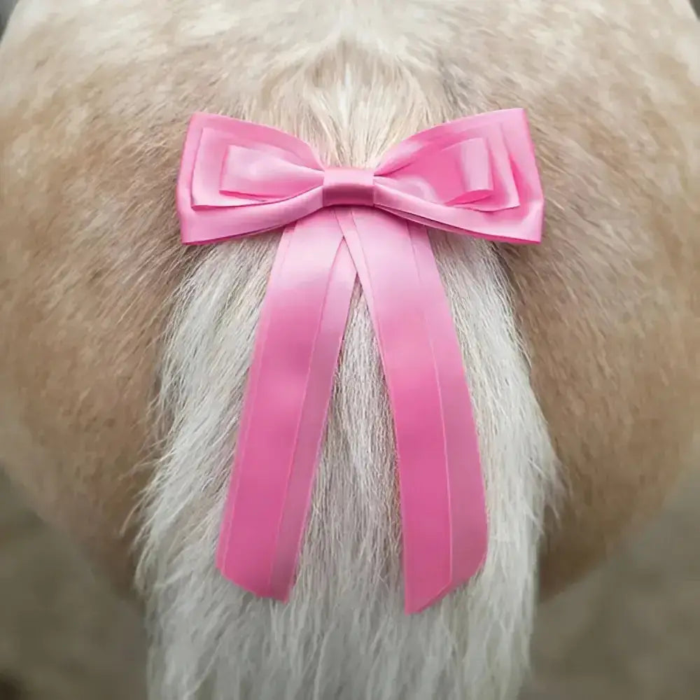 A vibrant pink satin equetech horse competition warning tail ribbon tied neatly around a dog tail