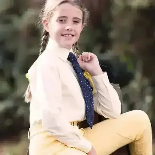 Blue polka-dot tie paired with equetech junior stretch long sleeved show shirt with concealed button placket
