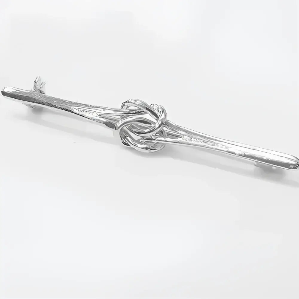 Silver equetech knot stock pin with unusual double knot design and textured branch-like ends for stylish wear