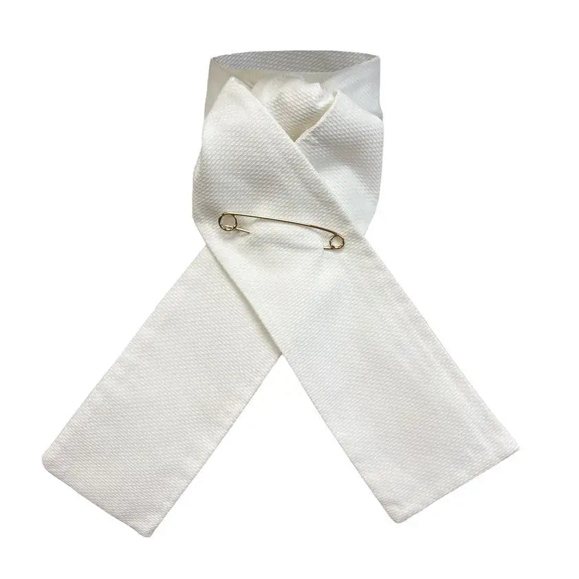 White satin equetech marcella cord cotton marcella stock tied in a bow with a silver stock pin attached