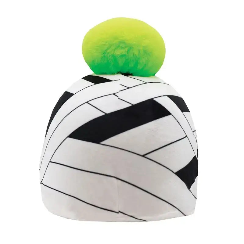 A plush equetech mummy mayhem hat with white and black stripes and a neon green pom-pom halloween accessory