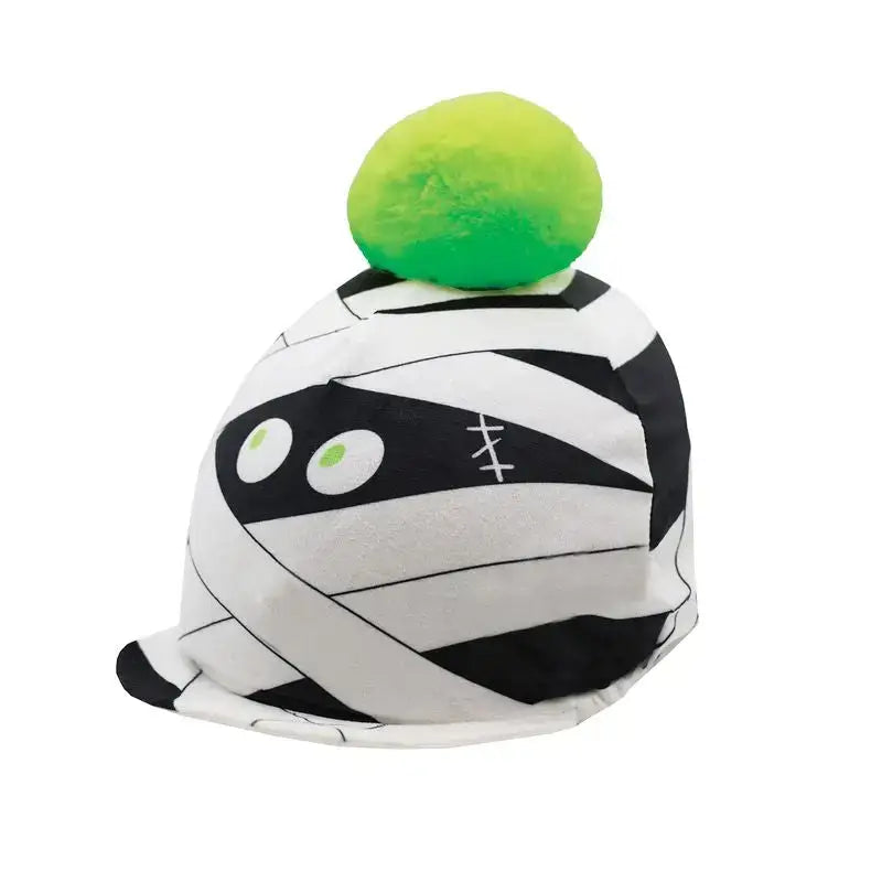 Plush equetech mummy mayhem hat with black and white stripes green embroidered eyes and lime green pom pom halloween accessory