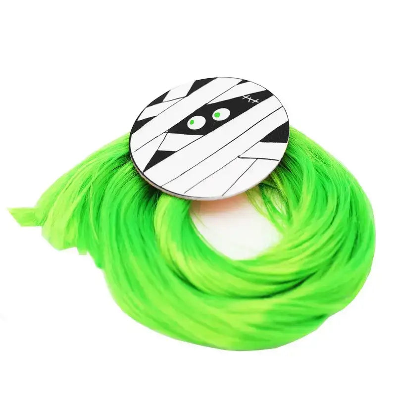 Bright neon green synthetic equetech mummy mayhem horse tail tassel with black and white mummy hair clip