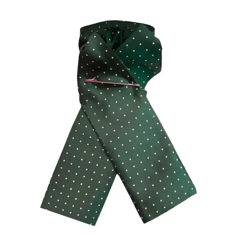 Dark green silk equetech pin spot riding stock with white polka dots and pink tie clip for spot riding style