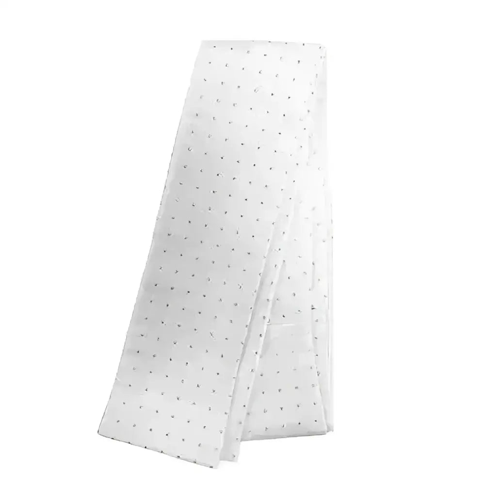 White silk equetech pin spot riding stock with silver self tying jacquard fabric and tiny silver dots pattern