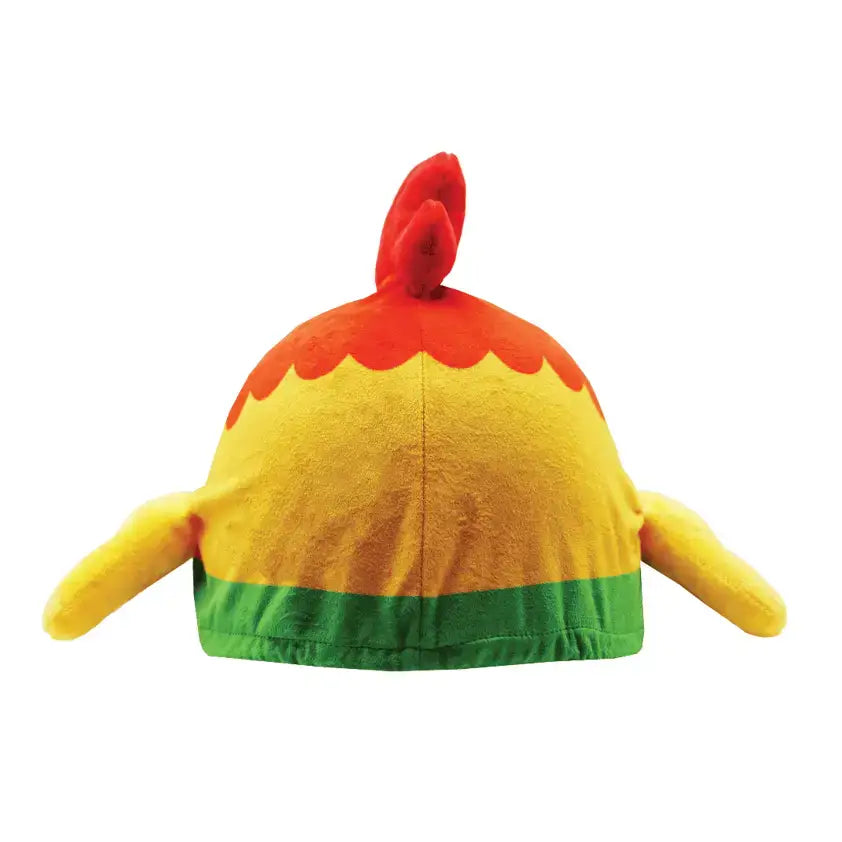 A plush equetech rocky rooster novelty hat cover with a red crest yellow body green trim and unique 3d wings