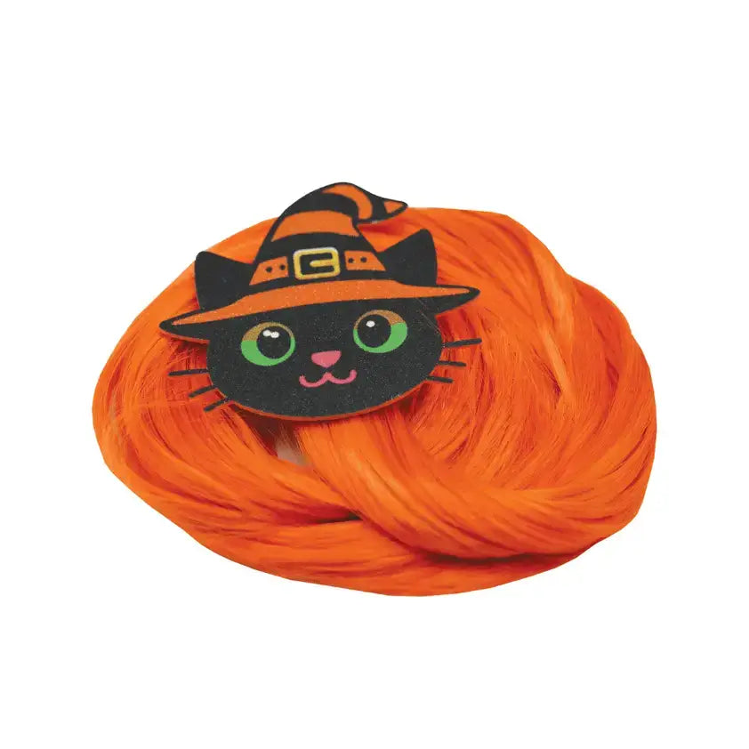 A black salem cat halloween witch hat on bright orange yarn showcasing the equetech salem horse tail tassel design