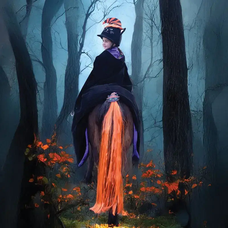 Black velvet equetech salem cat halloween witch costume with orange purple accents and horse tail tassel shown from back