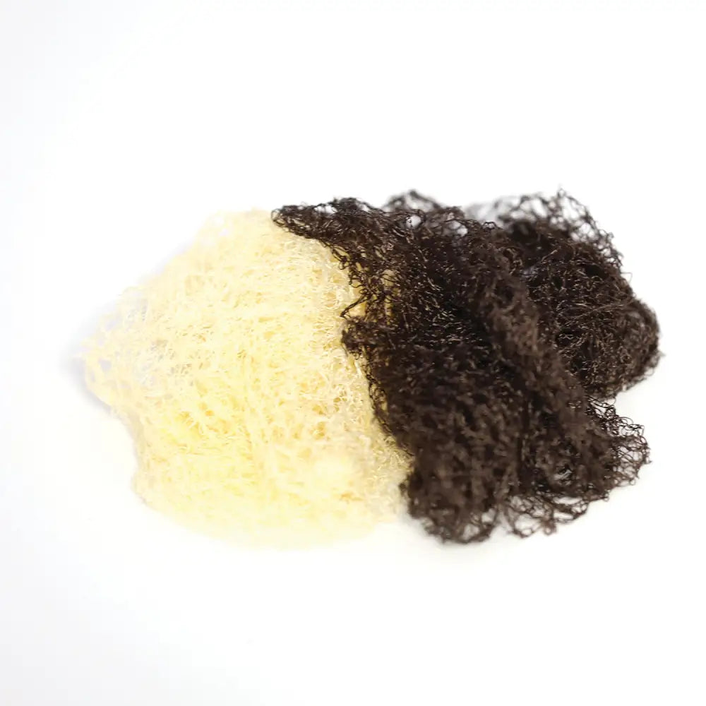 A pair of equetech heavy weight hairnets heavy in pale yellow and dark brown with a textured fibrous surface