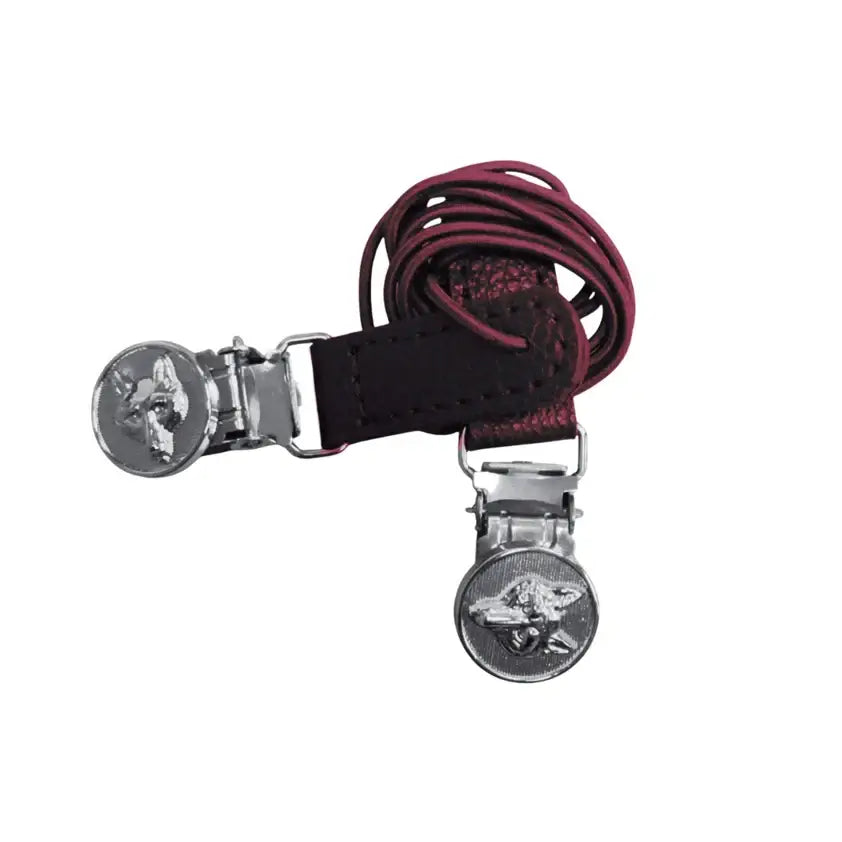Maroon leather equetech showing number clips with silver engraved fox head buckles for easy showing number attachment