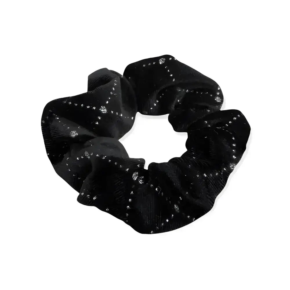 Black equetech solitaire velvet scrunchie with scattered silver metallic foil glitter for stylish hair styling