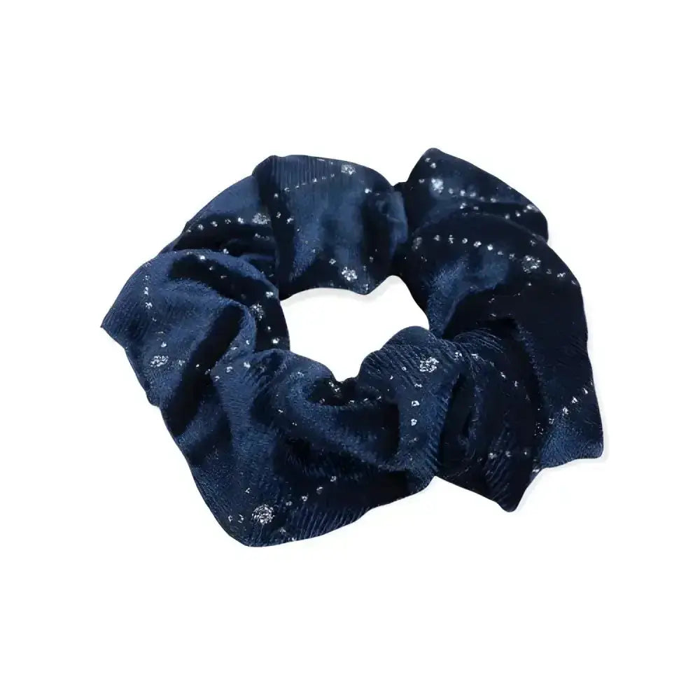 Equetech solitaire velvet scrunchie in navy blue velvet with subtle metallic foil silver star sparkles