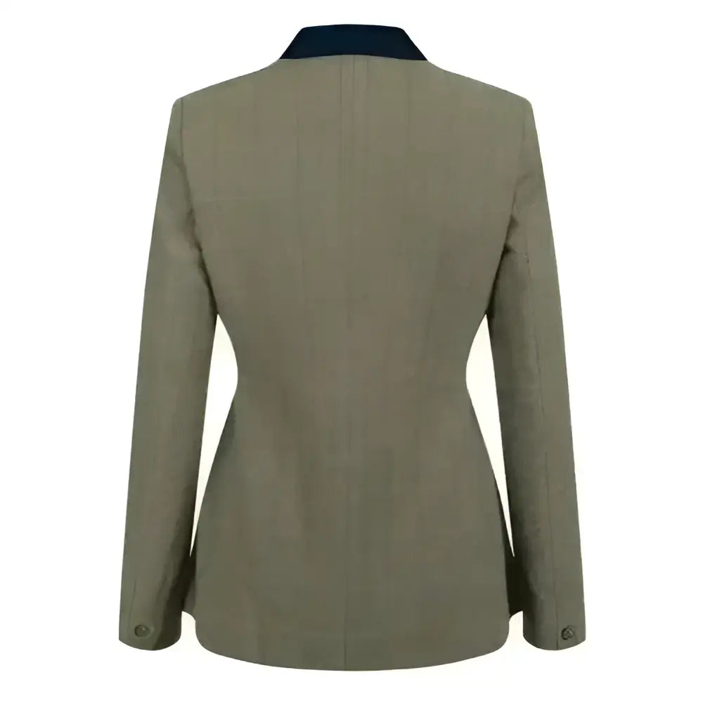 Equetech thornborough deluxe olive green tweed riding jacket with a navy blue collar in deluxe tweed riding jacket style