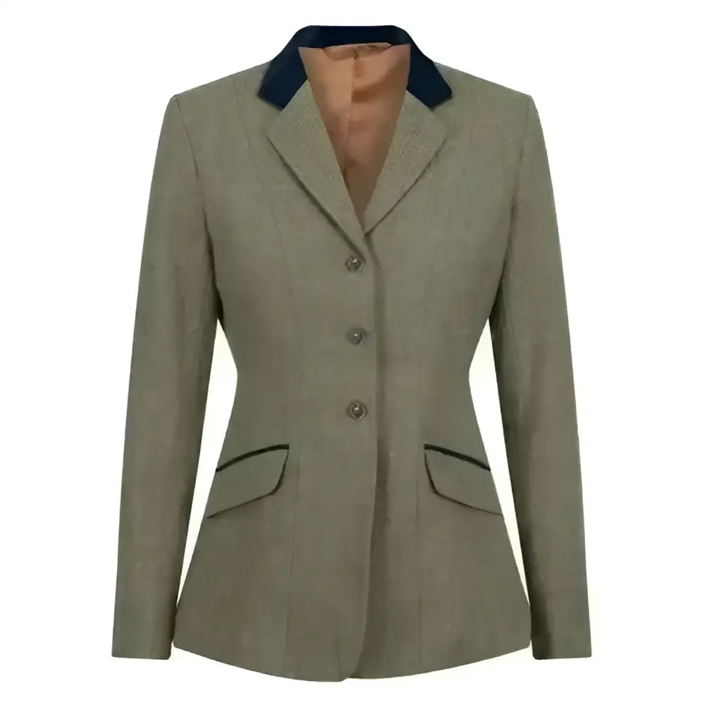 Equetech thornborough deluxe tweed riding jacket in muted olive green with navy collar and pocket trim and three buttons