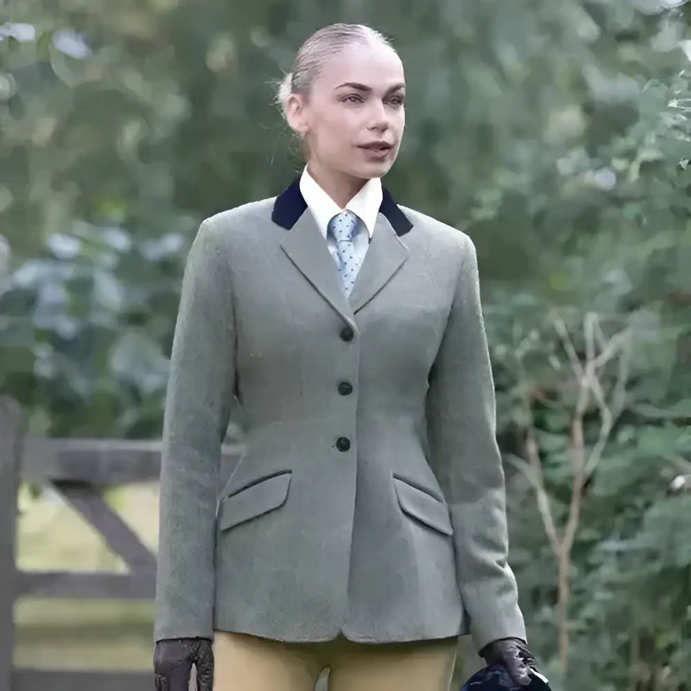 Gray tweed equetech thornborough deluxe riding jacket with black collar and matching buttons for classic style