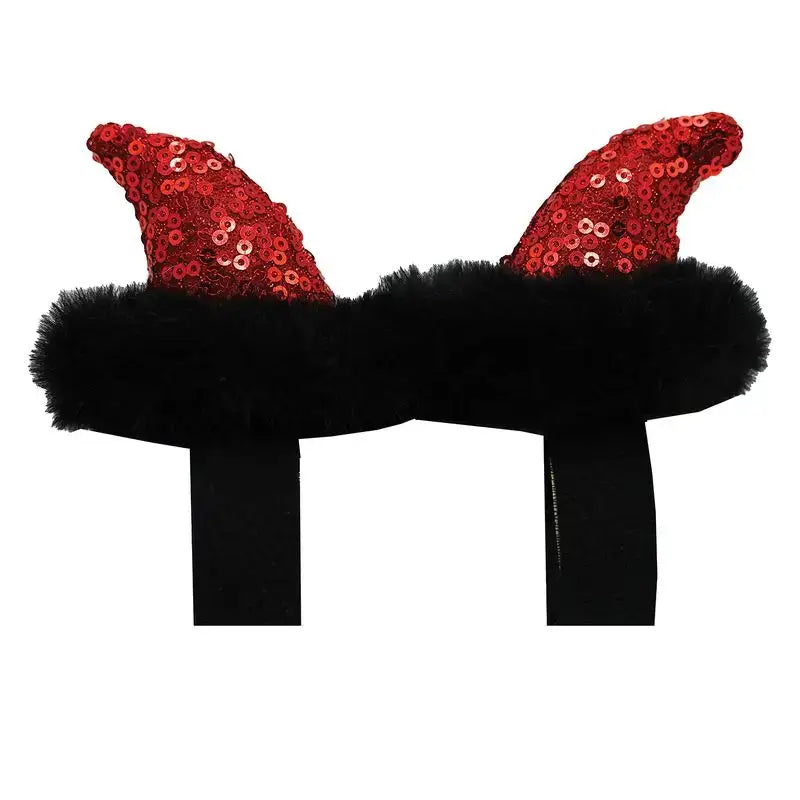 Red sequined glitter devil horns with black fuzzy trim and elastic band from the equetech too hot devil bridle collection