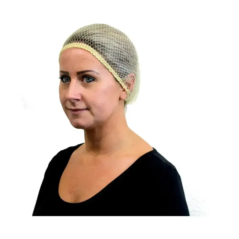 Beige mesh equi-net hair net with reinforced elastic band and single sewn join showing equi-net features