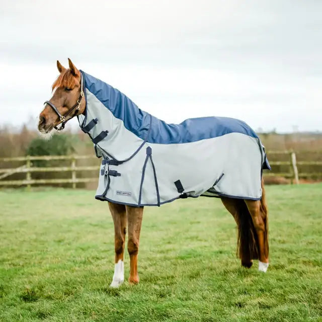 Blue and gray equi-sential waterproof flysheet with black straps and logo showing the back side of the detachable neck flysheet