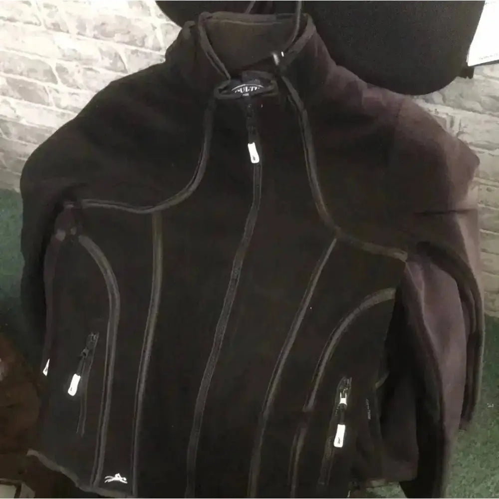 Equi theme black fleece jacket with silver zippers and contrasting stitching shop soiled fleece jacket detail