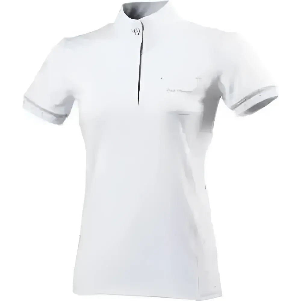 White short-sleeved equi theme cristal polo shirt with gray trim, perfect shop soiled riding apparel