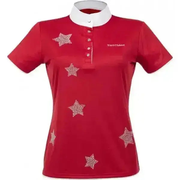 Red equi theme etoiles polo shirt for ladies competition shirts with white collar and sparkling star embellishments