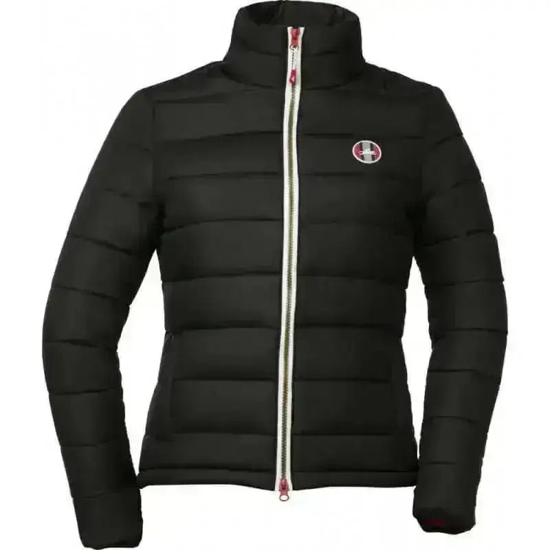 Black quilted equi theme padded childrens riding coat with high collar red zipper accents polyester windbreaker jacket