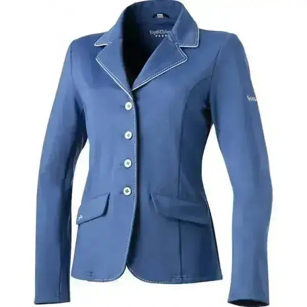 Navy blue equihorse riding jacket with white stitching silver buttons and flap pockets from equi theme soft couture