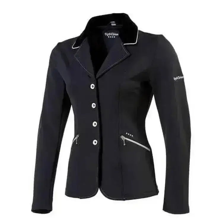 Black equestrian jacket with white trim and silver buttons made from equi theme softshell high tech fabric with elegant tailoring