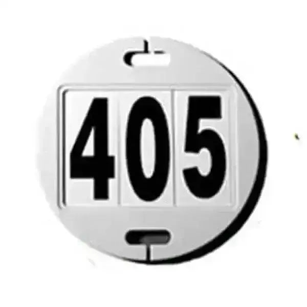Silver circular equidisc competitor number disc with black 405 on white background for race use