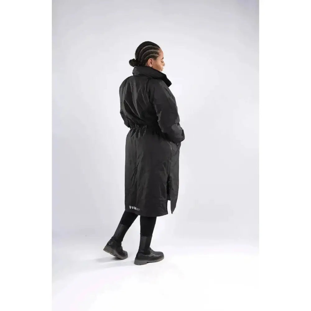 Black equidry equimac puffer coat with high collar, mesh lining, taped seams, and drawstring waistband