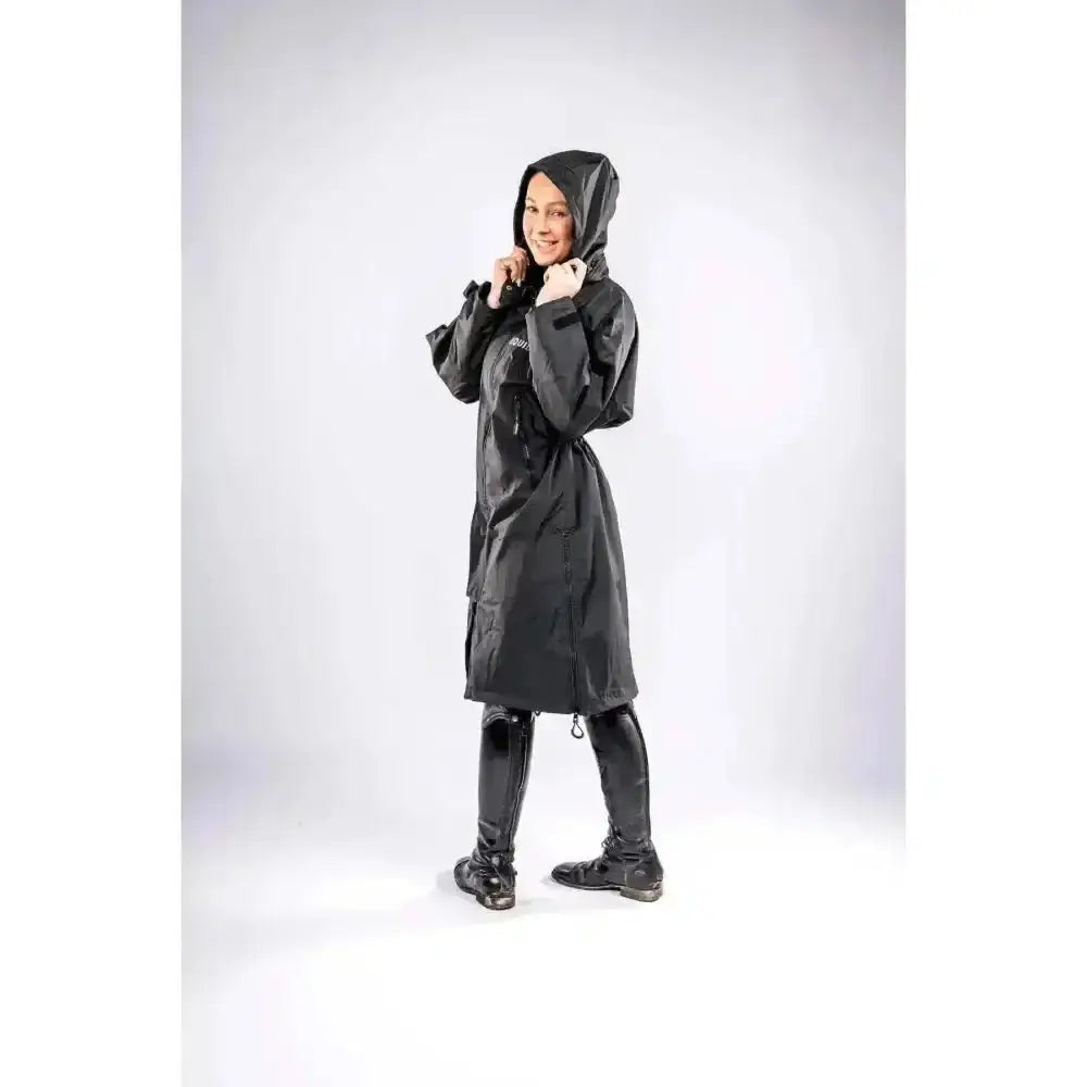 Black equidry equimac waterproof riding jacket with hood front zipper taped seams and mesh lining