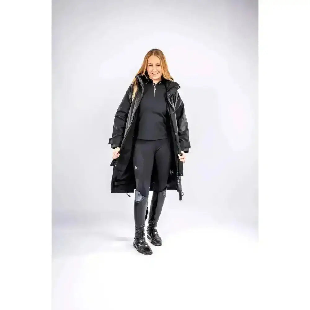Black equidry equimac puffer coat with hood front zipper mesh lining taped seams water-resistant fabric